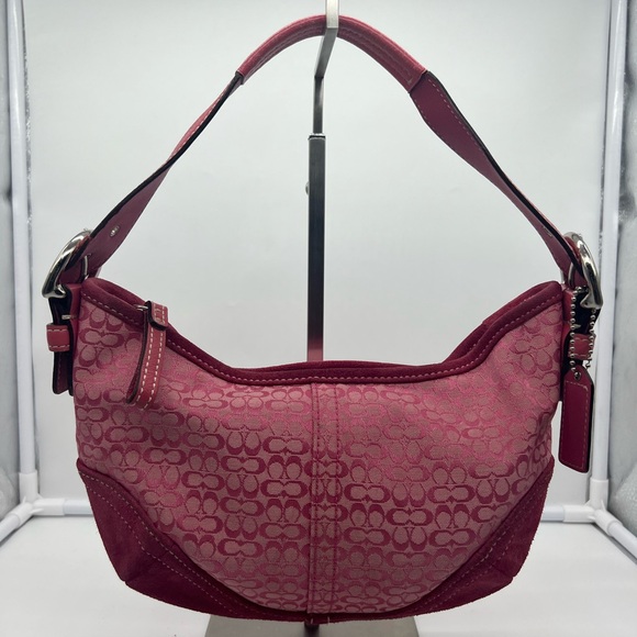 COACH VINTAGE 6351 Y2K Signature Monogram Pink Suede Leather Crescent Mini Hobo - Picture 3 of 17